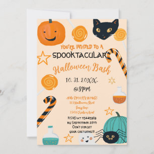 Cute Pumpkin Cat Candy Halloween Bash Custom Pink Invitation