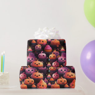 cute pumpkin cupcake pattern kids halloween  wrapping paper