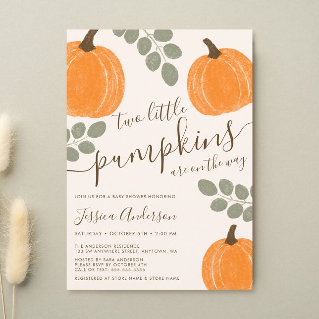 Cute Pumpkin Eucalyptus Fall Twin Baby Shower Invitation (Creator Uploaded)