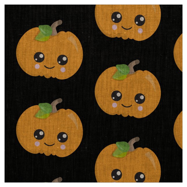 Cute Pumpkin Face Halloween Pattern Black Fabric (Swatch)