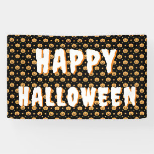Cute Pumpkin Face Pattern Black Orange White Text Banner