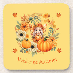 Cute Pumpkin Fairy in Autumn Wreath Coaster