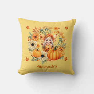 Cute Pumpkin Fairy in Autumn Wreath Cushion