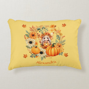 Cute Pumpkin Fairy in Autumn Wreath Decorative Cushion
