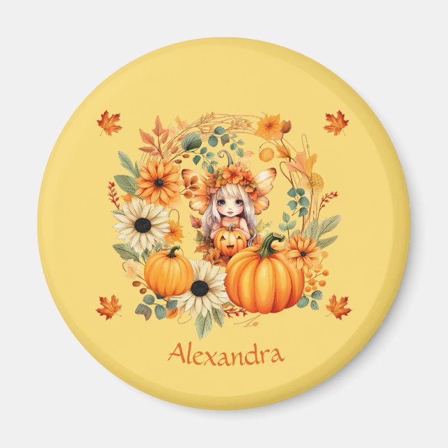 Cute Pumpkin Fairy in Autumn Wreath Magnet (Front)