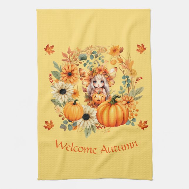 Cute Pumpkin Fairy in Autumn Wreath Tea Towel (Vertical)