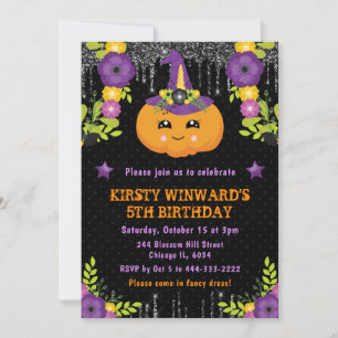 Cute Pumpkin Floral Halloween Birthday Invitation