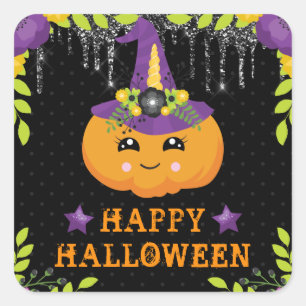 Cute Pumpkin Floral Happy Halloween Square Sticker