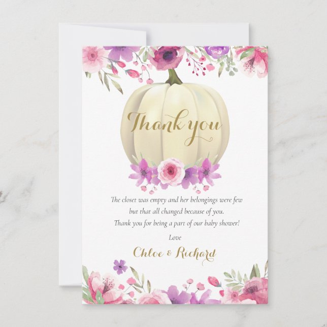 Cute Pumpkin Floral Pink Baby Shower Poem Thank Yo You Card (Front)