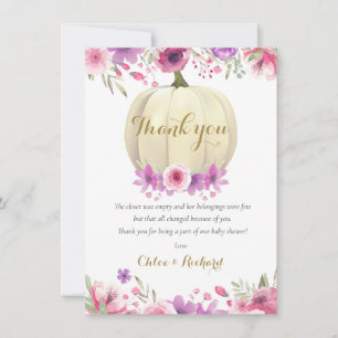 Cute Pumpkin Floral Pink Baby Shower Poem Thank Yo You Card