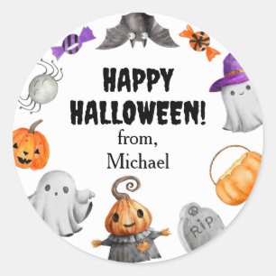 Cute Pumpkin Ghost & Bat Halloween Classic Round Sticker
