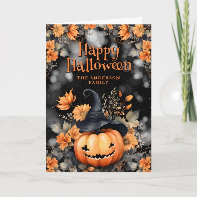 Cute Pumpkin Ghost Floral Photo Happy Halloween Card (Front)