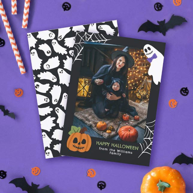 Cute Pumpkin & Ghost Happy Halloween Photo Holiday Card (Creator Uploaded)