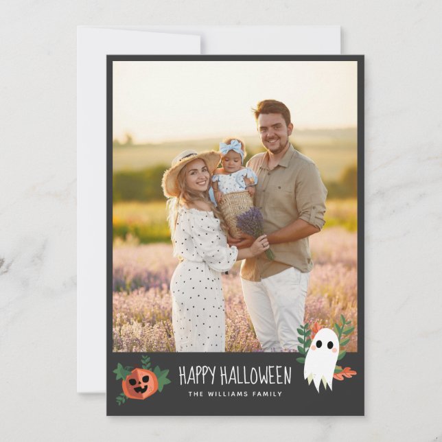 Cute Pumpkin Ghost Happy Halloween Photo Holiday Card (Front)