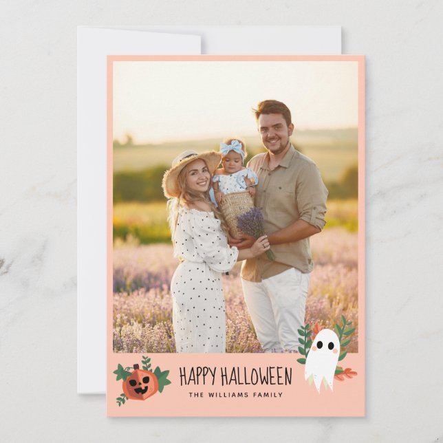 Cute Pumpkin Ghost Happy Halloween Photo Holiday Card (Front)