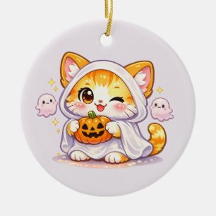 Cute Pumpkin Ghost Kitty – Kawaii Halloween Cat Ceramic Ornament