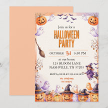 Cute Pumpkin Ghost Watercolor Halloween Invitation