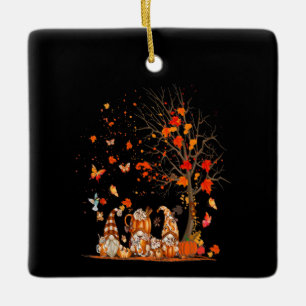 Cute Pumpkin Gnomes Autumn Tree Fall Leaves Ceramic Ornament