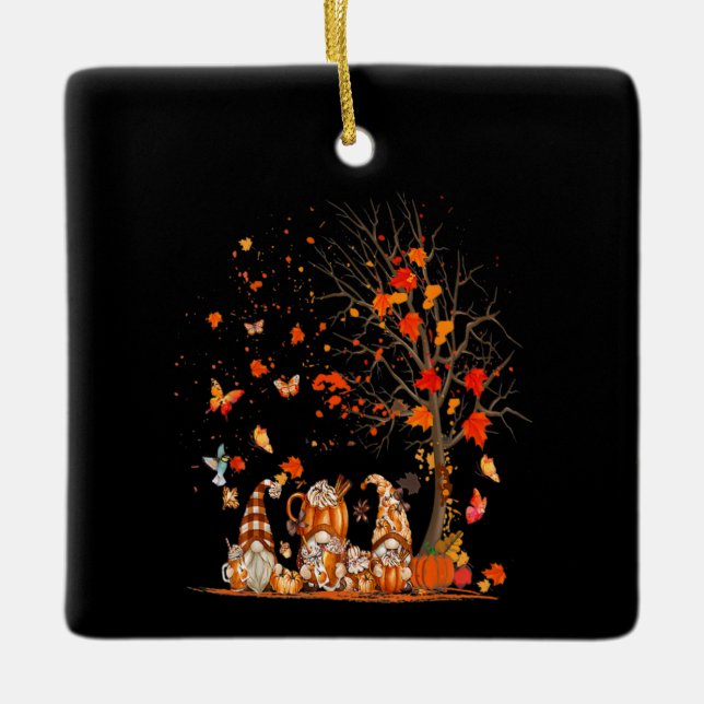 Cute Pumpkin Gnomes Autumn Tree Fall Leaves Ceramic Ornament (Front)