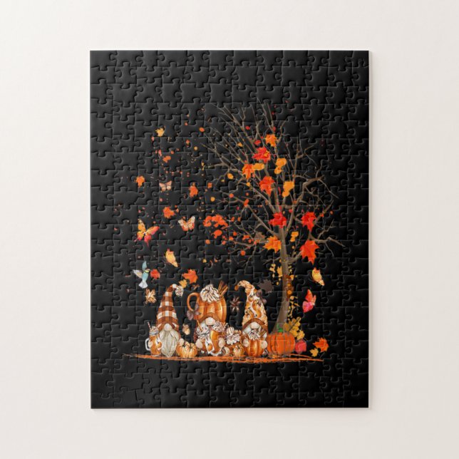 Cute Pumpkin Gnomes Autumn Tree Fall Leaves Jigsaw Puzzle (Vertical)