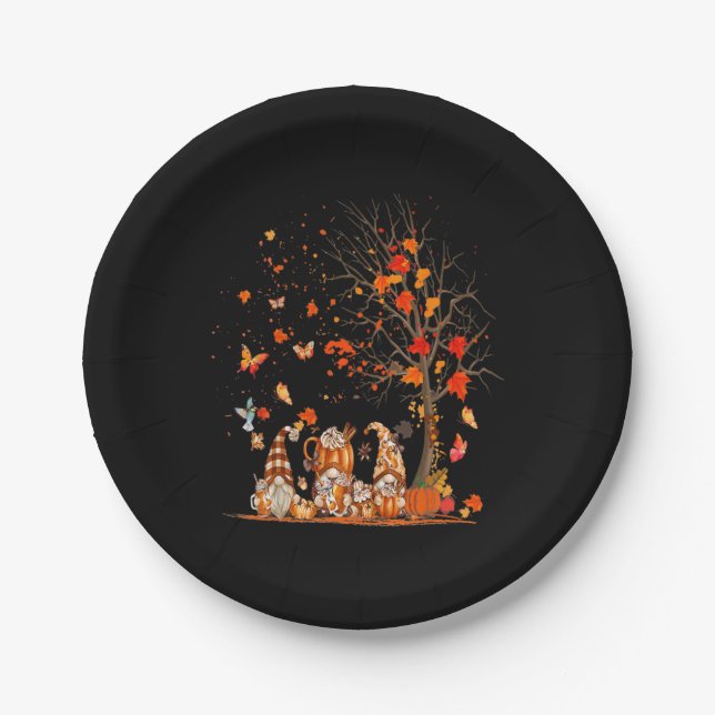 Cute Pumpkin Gnomes Autumn Tree Fall Leaves Paper Plate (Front)