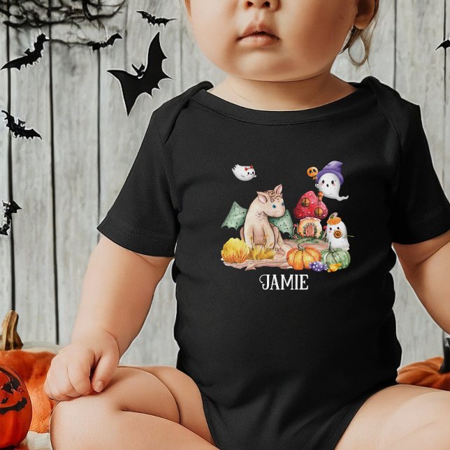 Cute Pumpkin Halloween Fantasy Dinosaur Name Baby Bodysuit (Creator Uploaded)