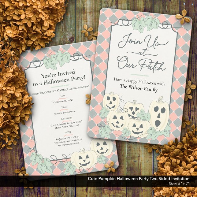 Cute Pumpkin Halloween Party Two Sided Invitation (Cute Country Pumpkin Halloween Party Invitation–Two Sided Design)