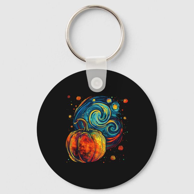 Cute Pumpkin Halloween Thanksgiving Starry Night V Key Ring (Front)