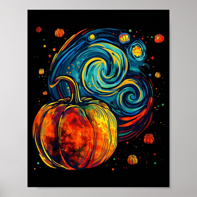 Cute Pumpkin Halloween Thanksgiving Starry Night V Poster (Front)