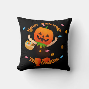 Cute Pumpkin Head Trick or Treater Halloween Cushion