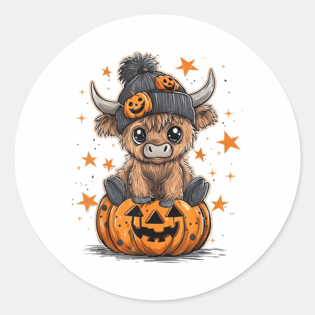 Cute Pumpkin Highland Cow Halloween Cow Lover Boy  Classic Round Sticker (Front)