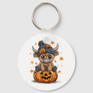 Cute Pumpkin Highland Cow Halloween Cow Lover Boy Key Ring