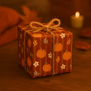 Cute Pumpkin & Leaves Seamless Autumn Stripe Wrapping Paper