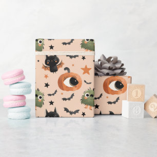 Cute Pumpkin Monster and Bat Pattern Halloween Wrapping Paper