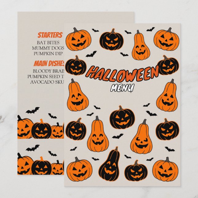 Cute Pumpkin Pattern Halloween Party Menu Card (Front/Back)