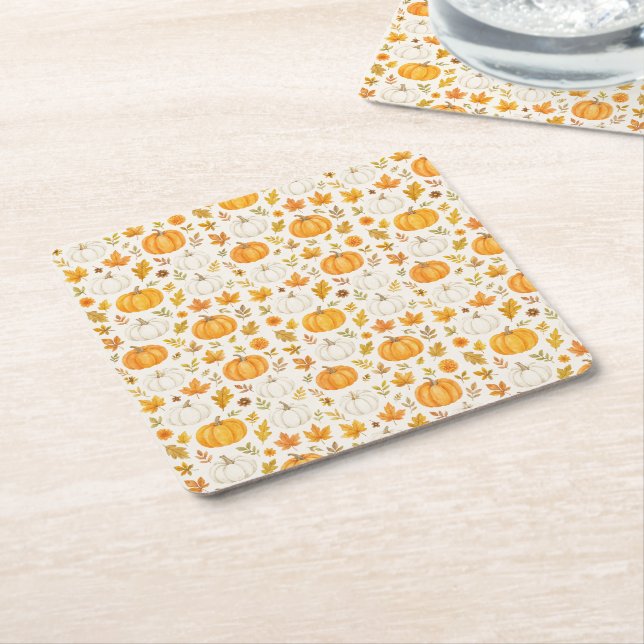 Cute Pumpkin Pattern | Thanksgiving  Square Paper Coaster (Angled)