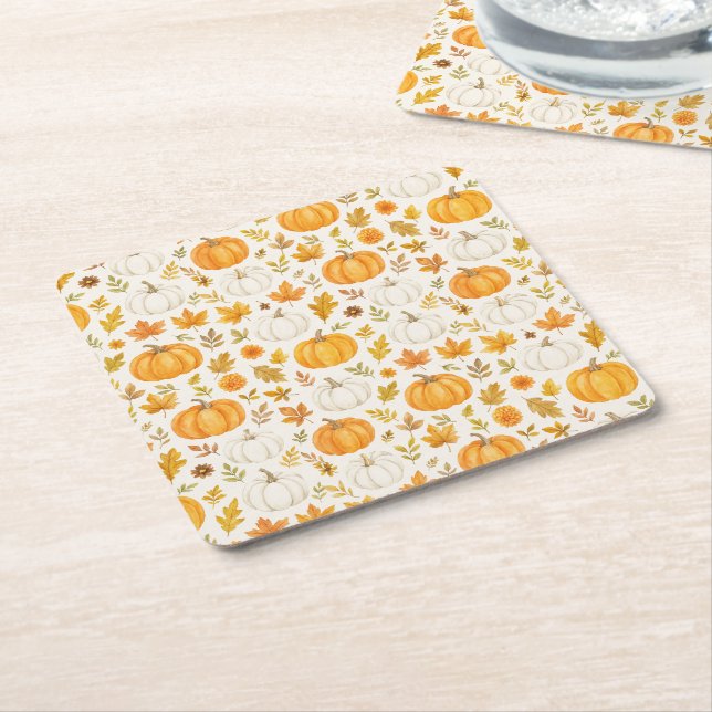 Cute Pumpkin Pattern | Thanksgiving  Square Paper Coaster (Angled)