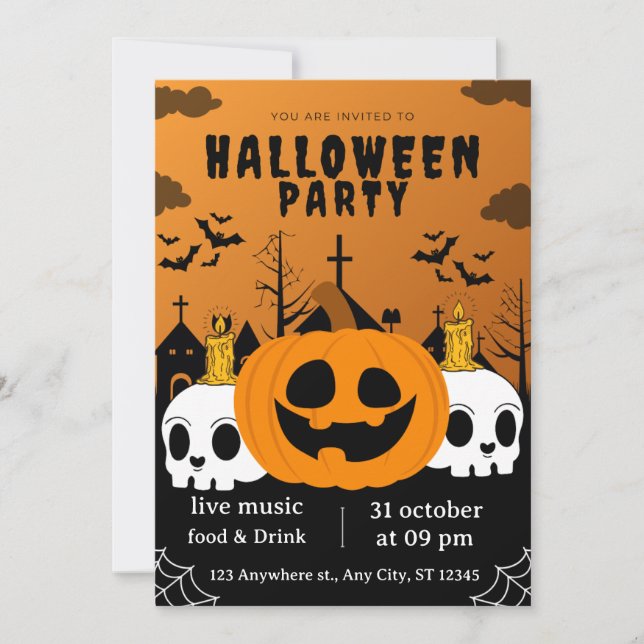 Cute Pumpkin Skeleton Halloween Party Invitation (Front)