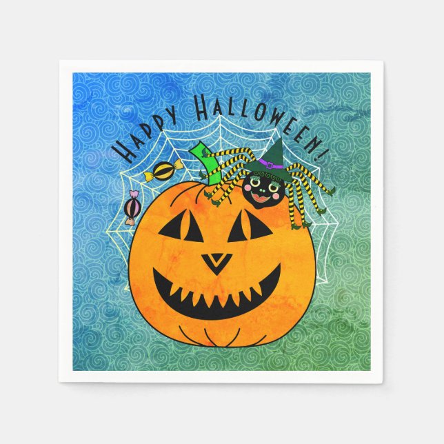 Cute Pumpkin Spider Witch Halloween Party Napkin (Front)