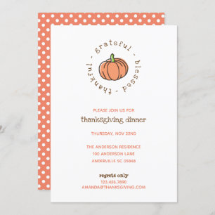 Cute Pumpkin Thankful Polka Dots Thanksgiving Invitation