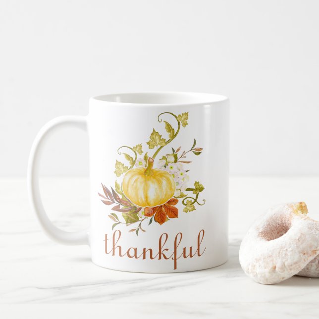 Cute Pumpkin Thankful Watercolor Thanksgiving Coffee Mug (With Donut)