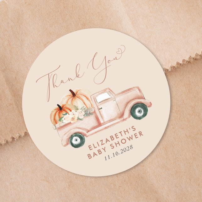 Cute Pumpkin Truck Baby Shower Thank You Classic Round Sticker (Creator Uploaded)