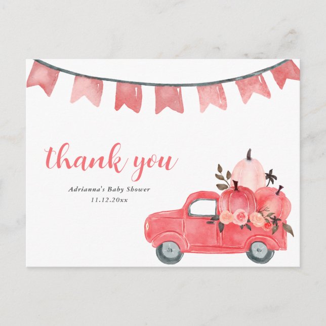 Cute Pumpkin Truck Pink Pumpkins Baby Shower  Postcard (Front)