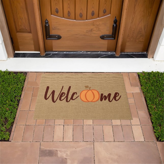 Cute Pumpkin Welcome Wordart On Faux Jute Textile Doormat (Outdoor)