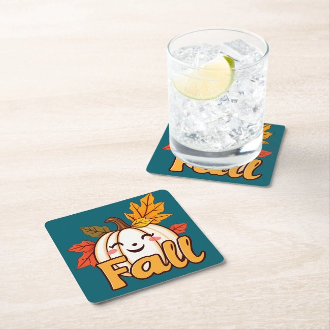 Cute Pumpkin with Fall Leaves Square Paper Coaster (Insitu)