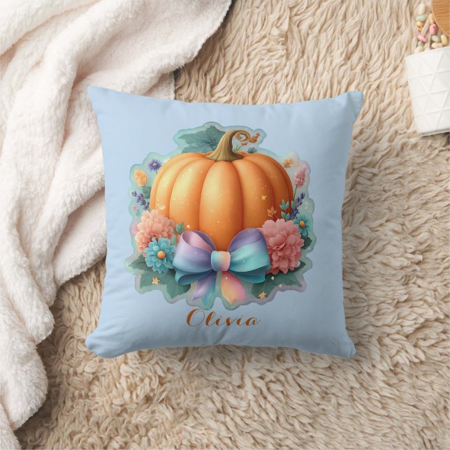 Cute Pumpkin with Flowers Personalised T-Shirt Cushion (Blanket)