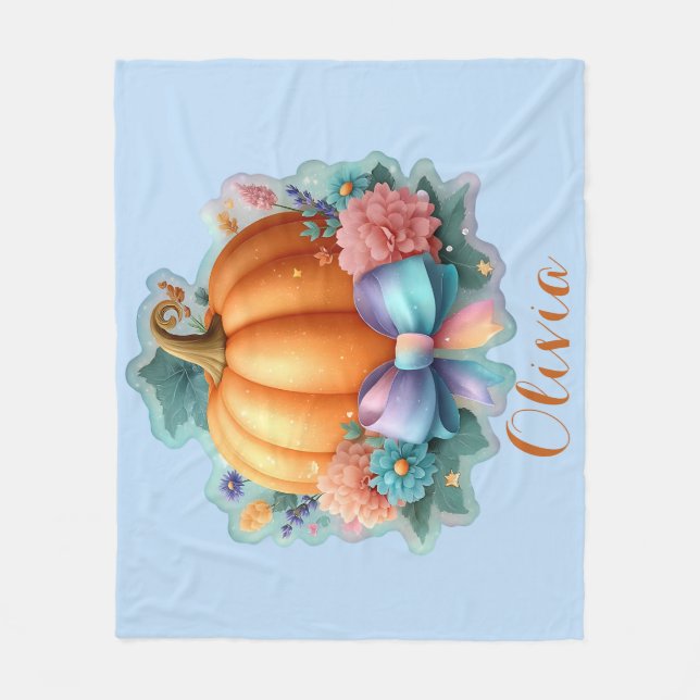 Cute Pumpkin with Flowers Personalised T-Shirt Fleece Blanket (Front)