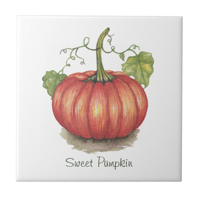 Cute Pumpkin With Vines In Watercolor Ceramic Tile (Front)