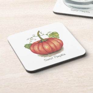Cute Pumpkin With Vines In Watercolor Coaster