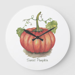 Cute Pumpkin With Vines In Watercolor Large Clock